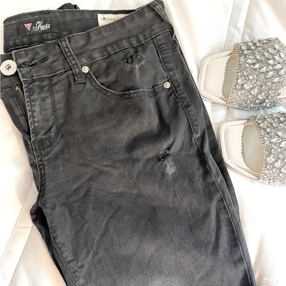 Guess ashy black denim, stretchy, size 30. Distressed denim worn only 3 times.